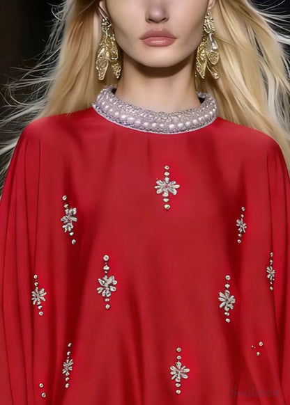 Beautiful Red Oversized Rhinestone Silk Shirts Batwing Sleeve