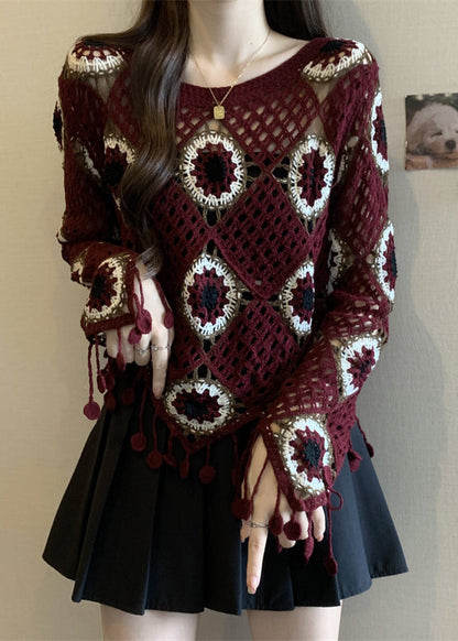 Beautiful Red Patchwork Knit Top Flare Sleeve