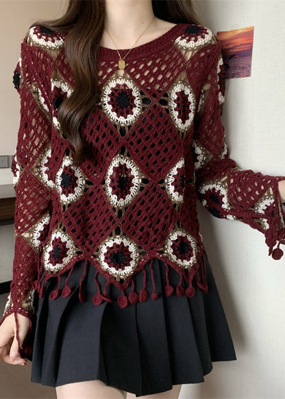 Beautiful Red Patchwork Knit Top Flare Sleeve