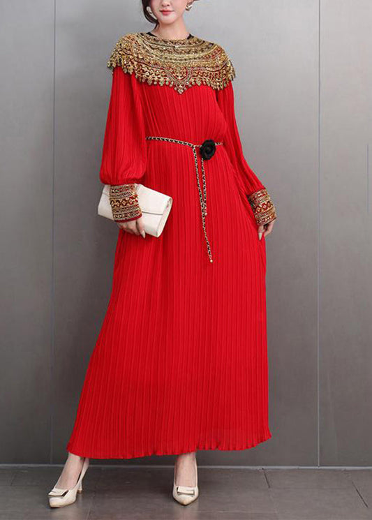 Beautiful Red Patchwork Slim Party Long Dress Lantern Sleeve