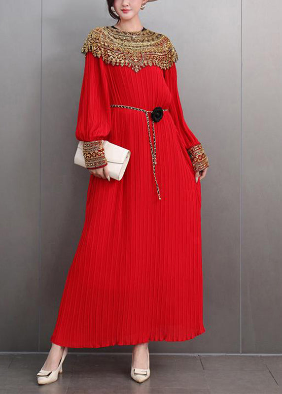 Beautiful Red Patchwork Slim Party Long Dress Lantern Sleeve
