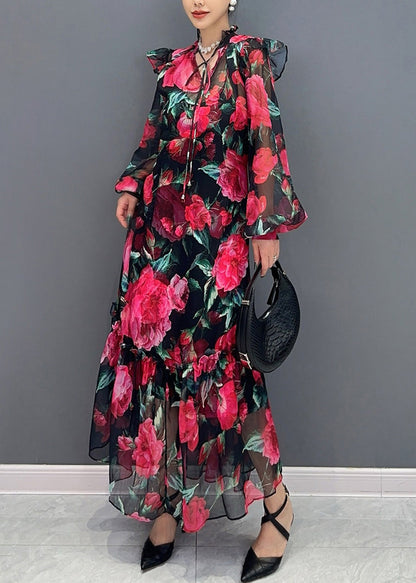 Beautiful Red Print Lace Up Chiffon Long Dress Lantern Sleeve