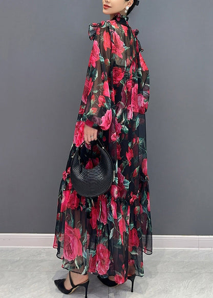 Beautiful Red Print Lace Up Chiffon Long Dress Lantern Sleeve