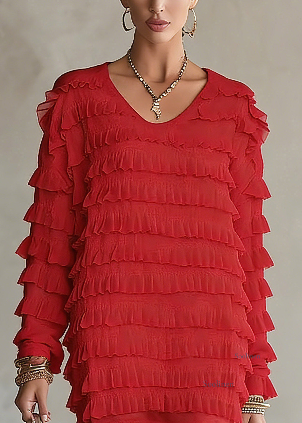 Beautiful Red Ruffled Patchwork Chiffon Top Spring
