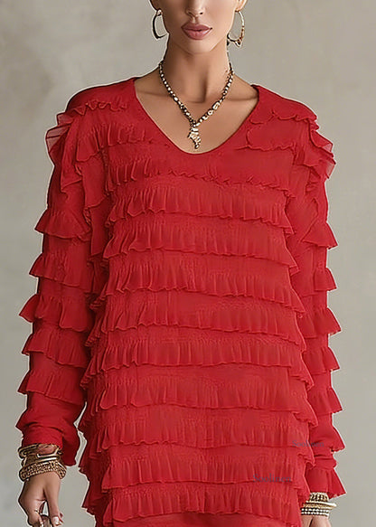 Beautiful Red Ruffled Patchwork Chiffon Top Spring