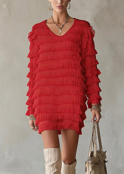Beautiful Red Ruffled Patchwork Chiffon Top Spring