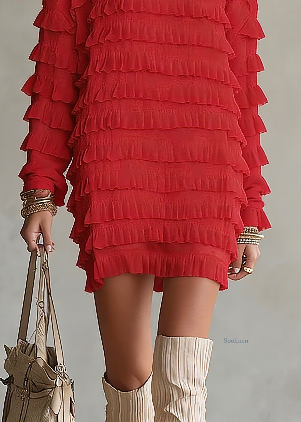 Beautiful Red Ruffled Patchwork Chiffon Top Spring