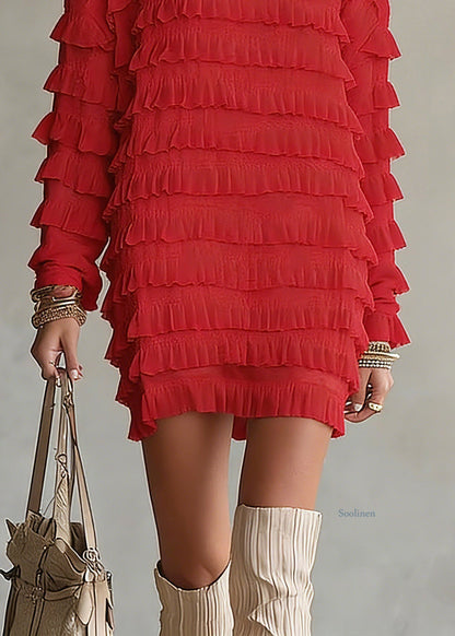 Beautiful Red Ruffled Patchwork Chiffon Top Spring