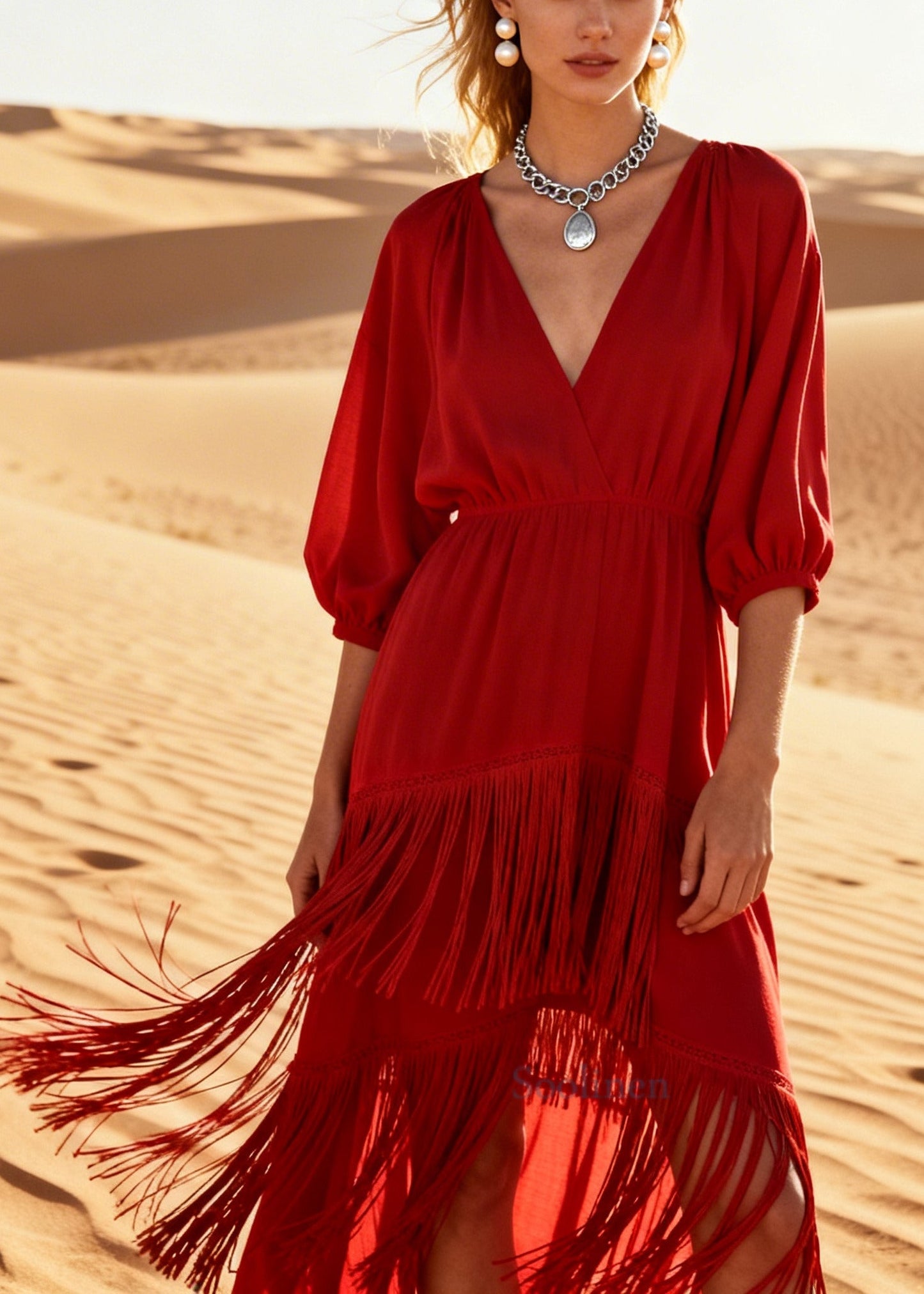 Beautiful Red Tasseled Low High Design Cotton Dresses Summer