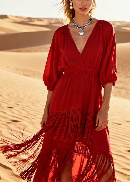 Beautiful Red Tasseled Low High Design Cotton Dresses Summer