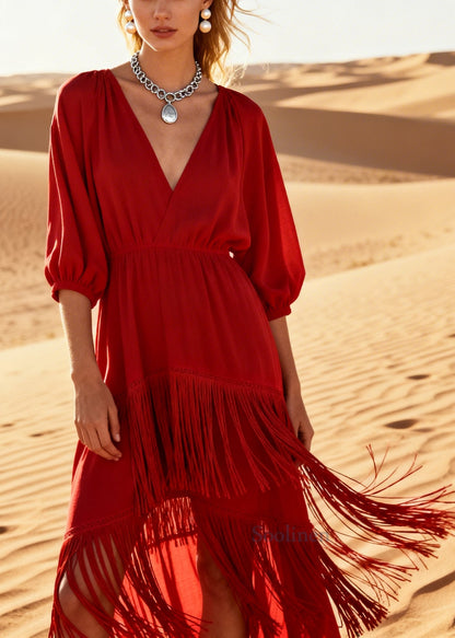 Beautiful Red Tasseled Low High Design Cotton Dresses Summer