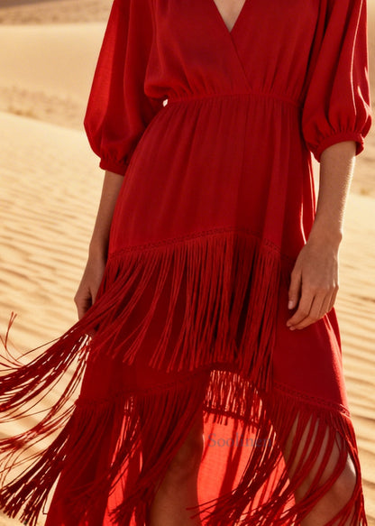 Beautiful Red Tasseled Low High Design Cotton Dresses Summer