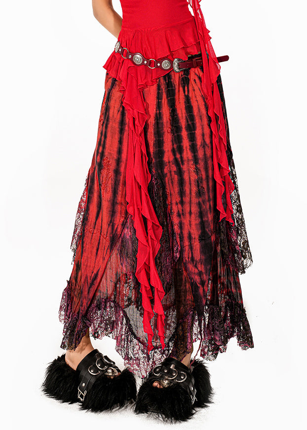 Beautiful Red Tie Dye High Waist Lace Maxi Skirts Summer
