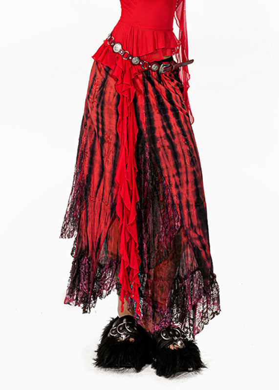 Beautiful Red Tie Dye High Waist Lace Maxi Skirts Summer