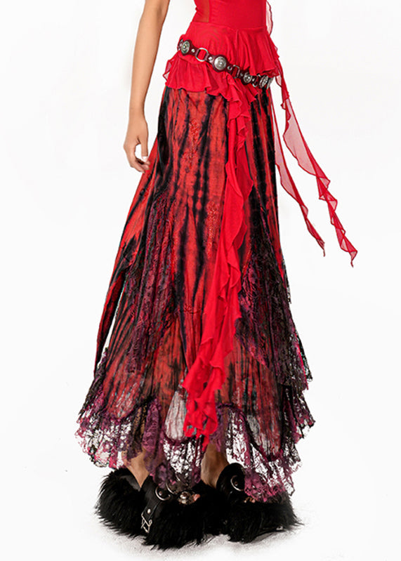 Beautiful Red Tie Dye High Waist Lace Maxi Skirts Summer