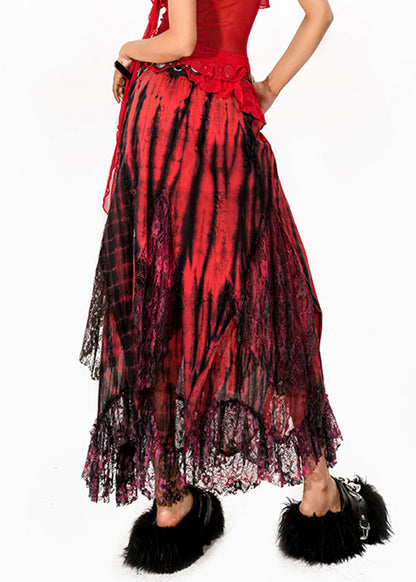 Beautiful Red Tie Dye High Waist Lace Maxi Skirts Summer