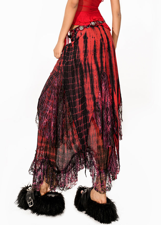 Beautiful Red Tie Dye High Waist Lace Maxi Skirts Summer