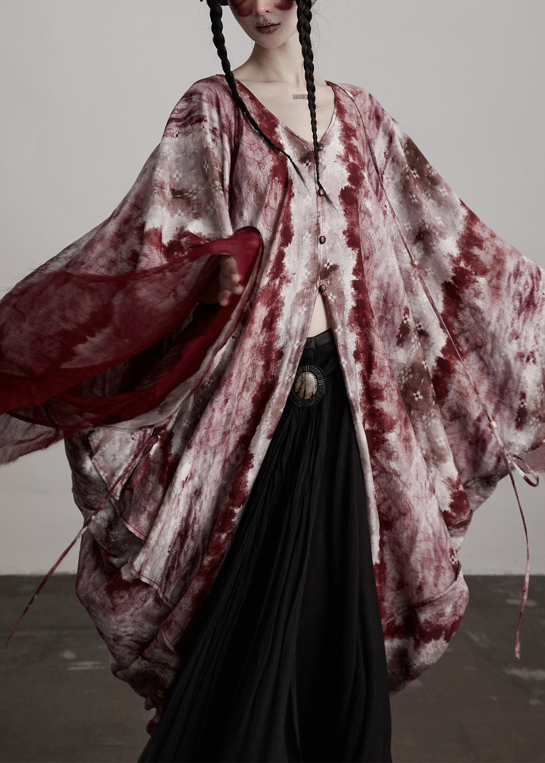 Beautiful Red V Neck Asymmetrical Design Silk Cardigan Batwing Sleeve