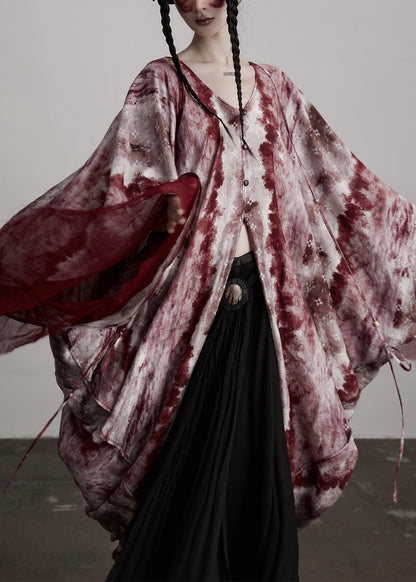 Beautiful Red V Neck Asymmetrical Design Silk Cardigan Batwing Sleeve