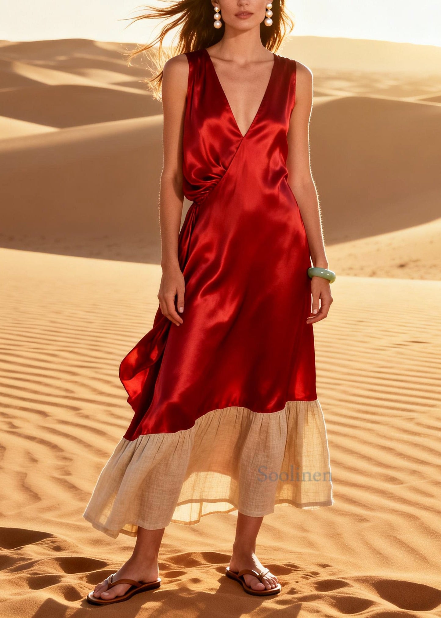 Beautiful Red V Neck Patchwork Linen Silk Dresses Summer