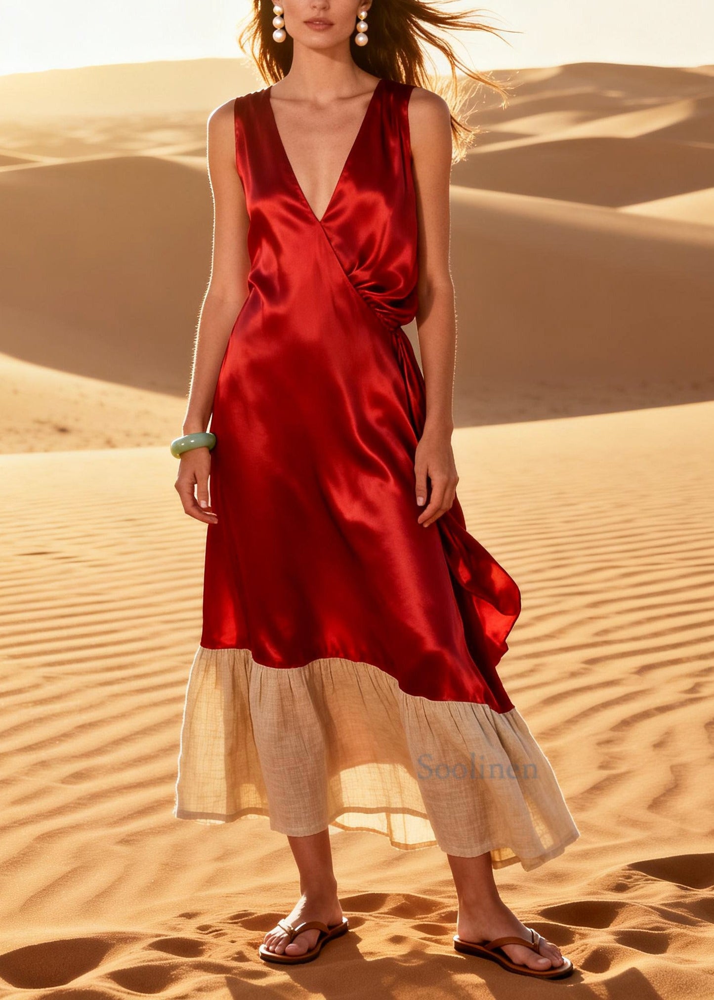 Beautiful Red V Neck Patchwork Linen Silk Dresses Summer
