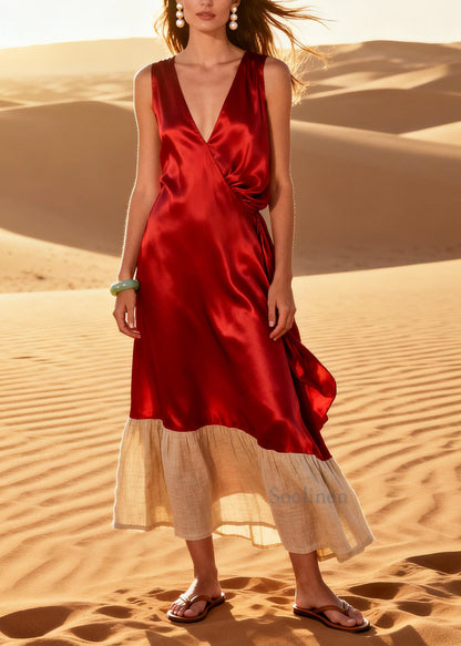 Beautiful Red V Neck Patchwork Linen Silk Dresses Summer