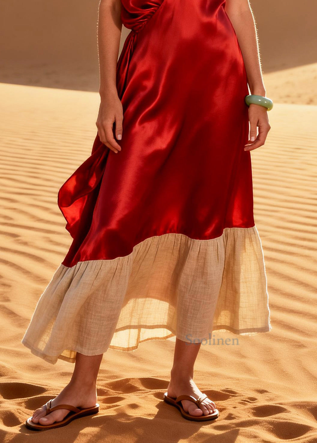Beautiful Red V Neck Patchwork Linen Silk Dresses Summer