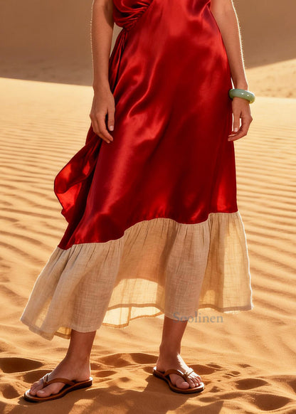 Beautiful Red V Neck Patchwork Linen Silk Dresses Summer