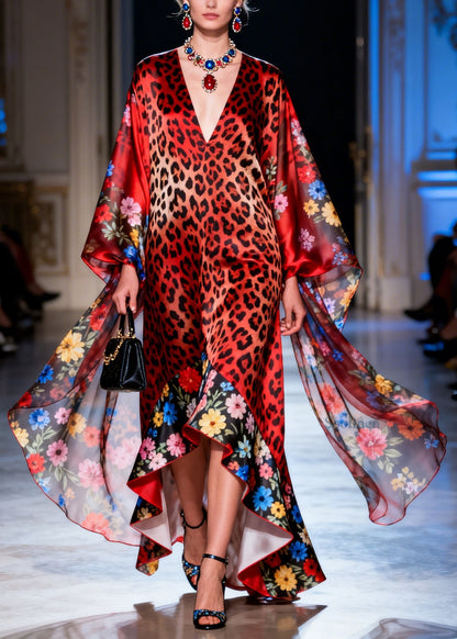 Beautiful Red V Neck Print Patchwork Silk Maxi Dresses Summer