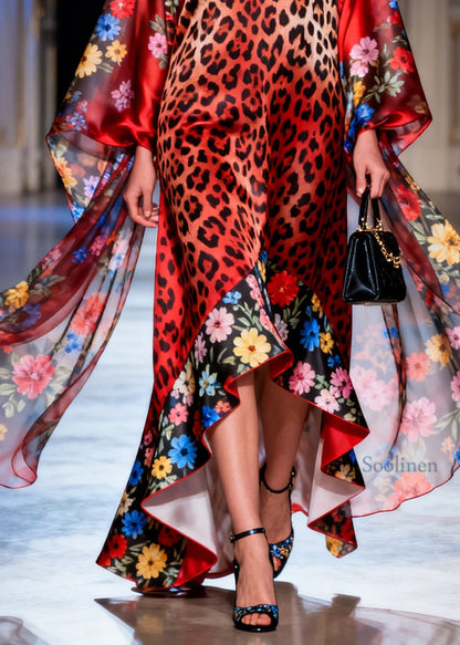 Beautiful Red V Neck Print Patchwork Silk Maxi Dresses Summer