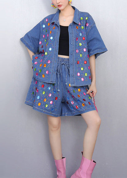 Beautiful Rhinestone Denim Blue Shirts And Shorts Two Pieces Set Summer