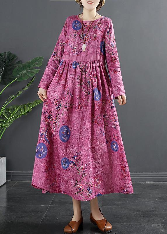 Beautiful Rose Print Tunics O Neck Patchwork Maxi Dress - SooLinen