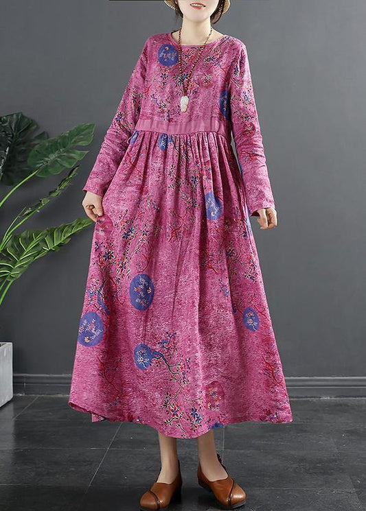 Beautiful Rose Print Tunics O Neck Patchwork Maxi Dress - SooLinen
