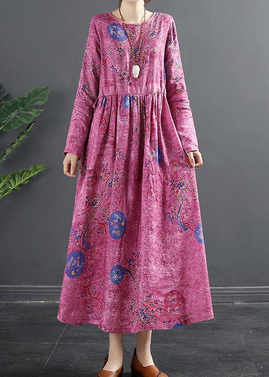 Beautiful Rose Print Tunics O Neck Patchwork Maxi Dress - SooLinen