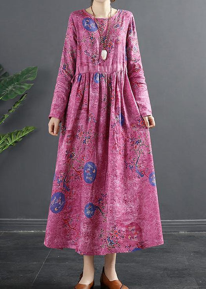 Beautiful Rose Print Tunics O Neck Patchwork Maxi Dress - SooLinen
