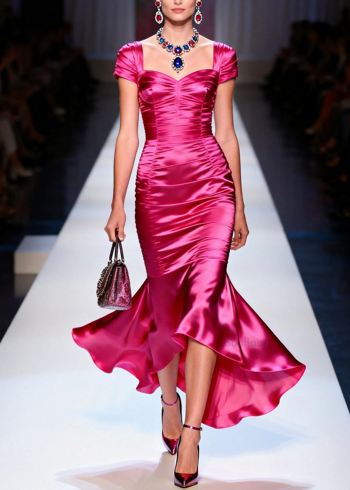 Beautiful Rose Ruffled Patchwork Slim Fit Silk Dress Summer