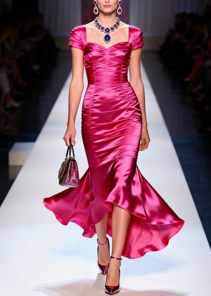 Beautiful Rose Ruffled Patchwork Slim Fit Silk Dress Summer