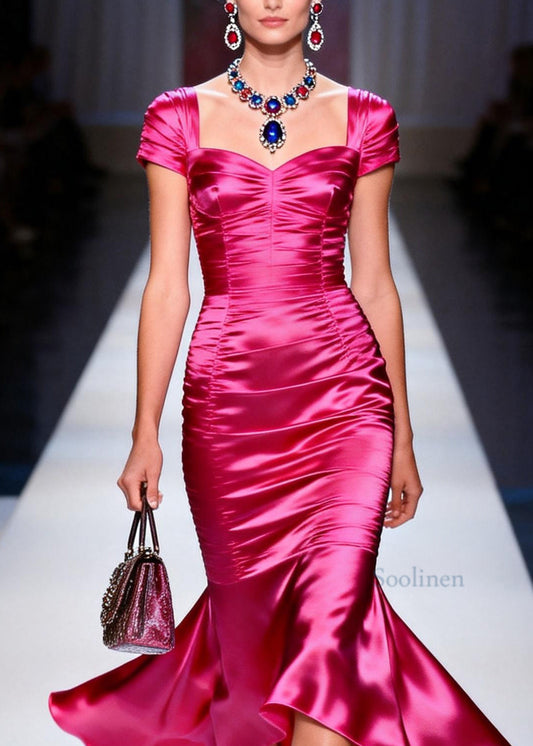 Beautiful Rose Ruffled Patchwork Slim Fit Silk Dress Summer