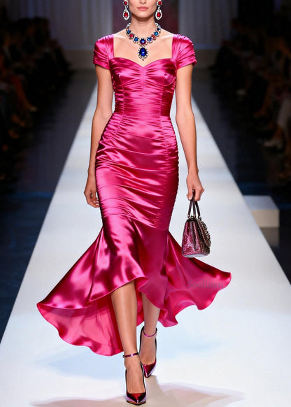 Beautiful Rose Ruffled Patchwork Slim Fit Silk Dress Summer
