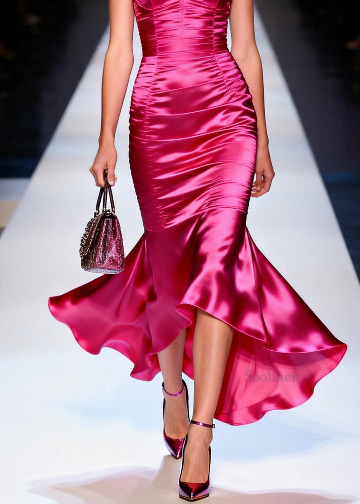 Beautiful Rose Ruffled Patchwork Slim Fit Silk Dress Summer