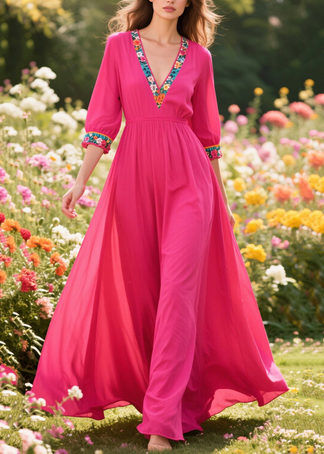 Beautiful Rose V Neck Patchwork Exra Large Hem Cotton Long Dress Summer