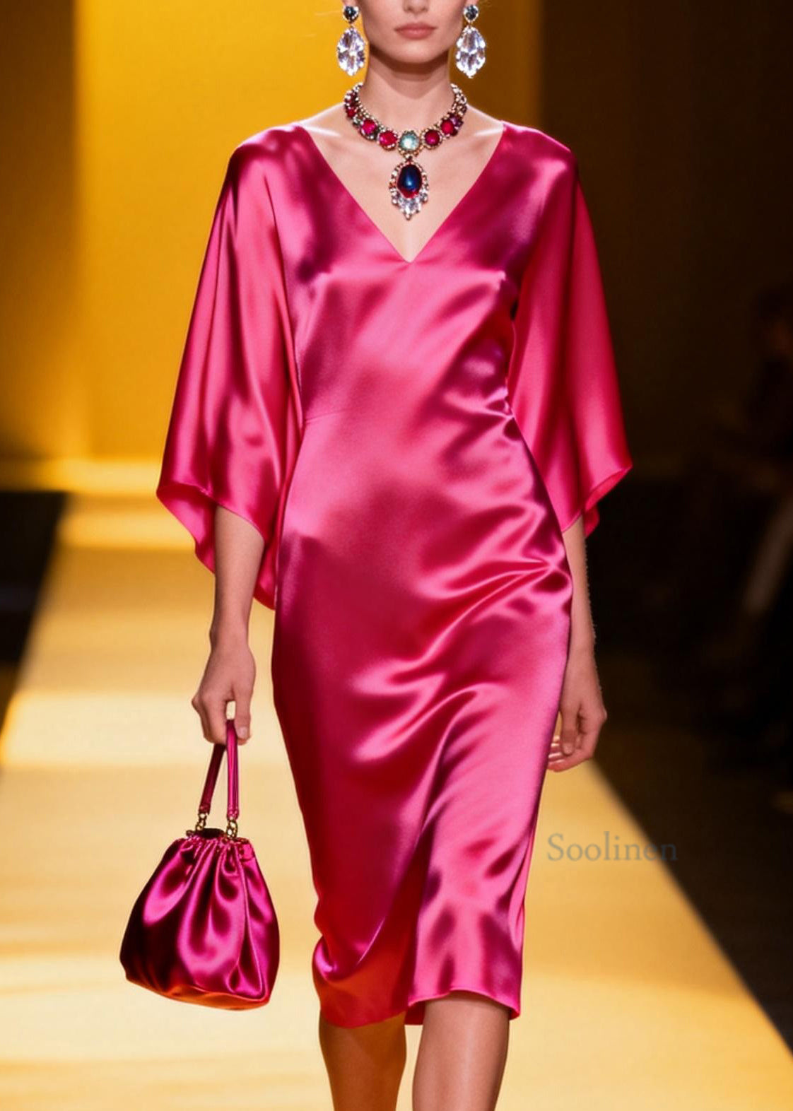 Beautiful Rose V Neck Silk Maxi Dresses Batwing Sleeve