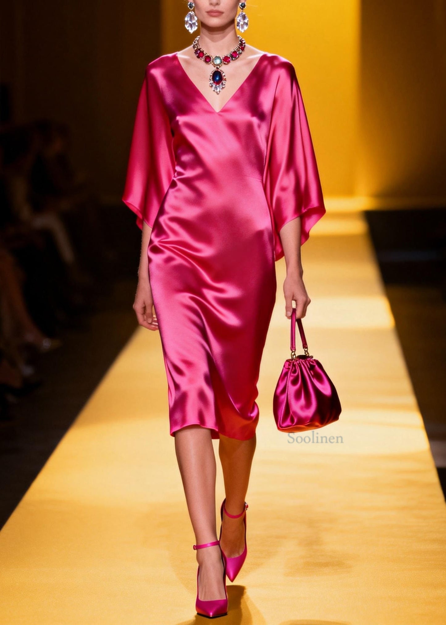Beautiful Rose V Neck Silk Maxi Dresses Batwing Sleeve
