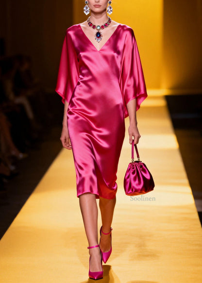 Beautiful Rose V Neck Silk Maxi Dresses Batwing Sleeve