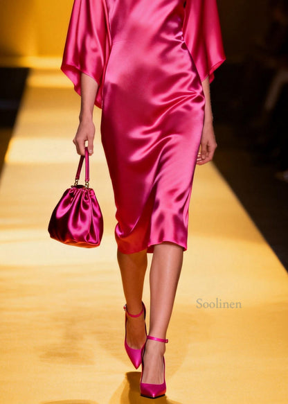 Beautiful Rose V Neck Silk Maxi Dresses Batwing Sleeve