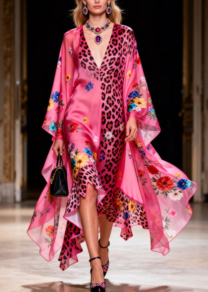 Beautiful Ruffled Asymmetrical Design Print Silk Long Dress Summer