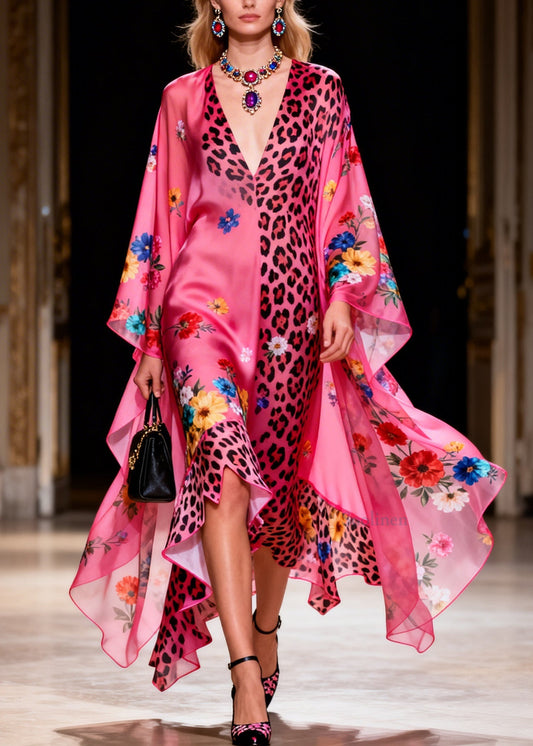 Beautiful Ruffled Asymmetrical Design Print Silk Long Dress Summer