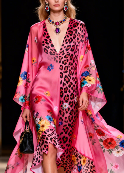 Beautiful Ruffled Asymmetrical Design Print Silk Long Dress Summer
