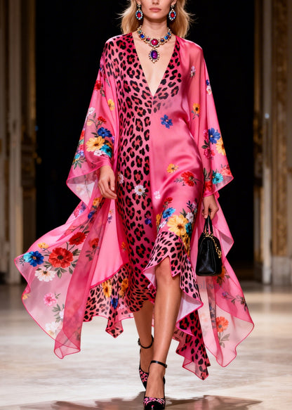 Beautiful Ruffled Asymmetrical Design Print Silk Long Dress Summer