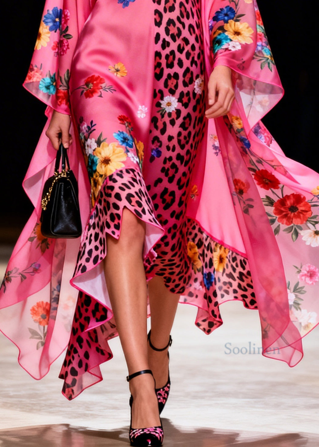 Beautiful Ruffled Asymmetrical Design Print Silk Long Dress Summer